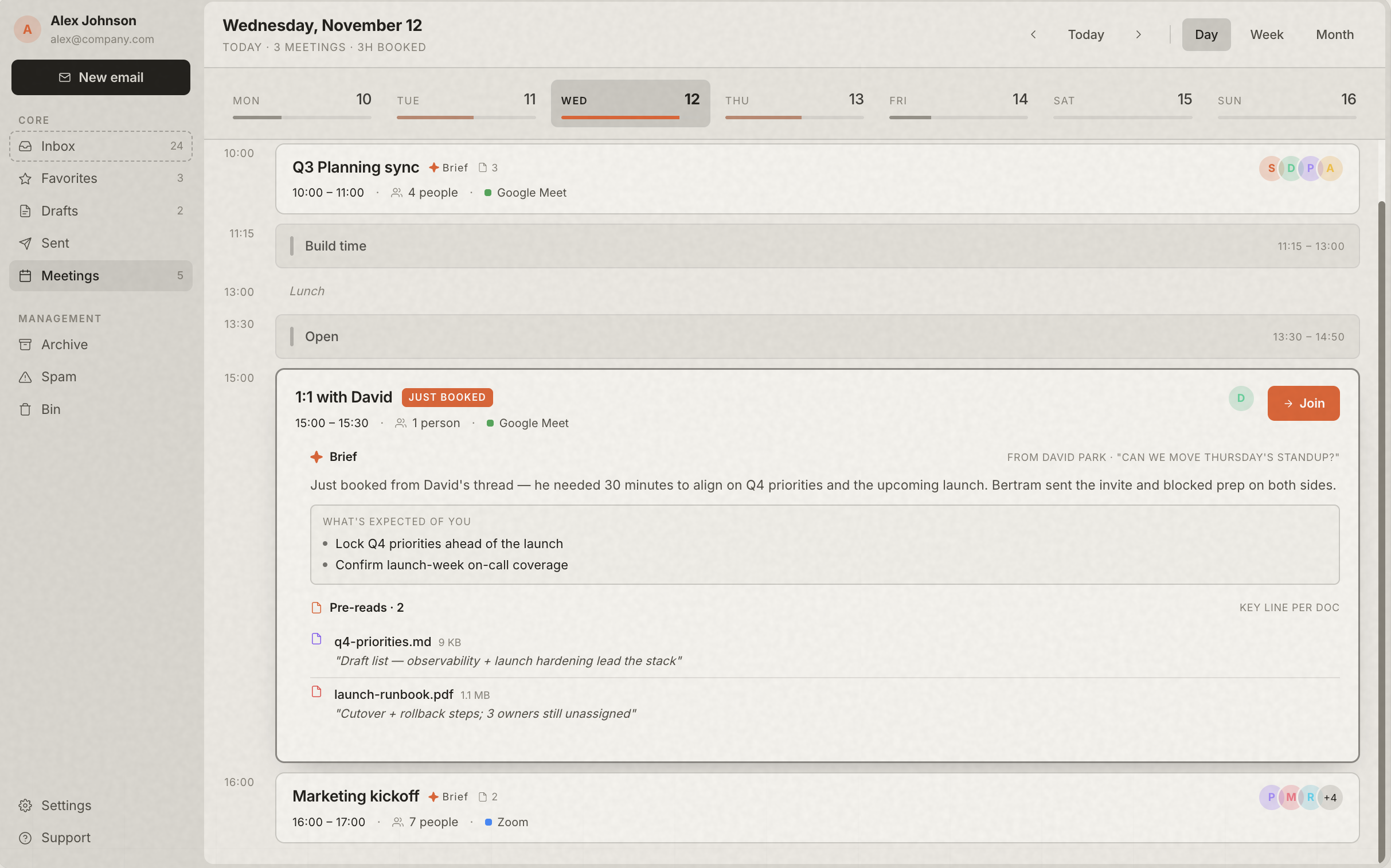 Meeting scheduling workflow built into the conversation view.