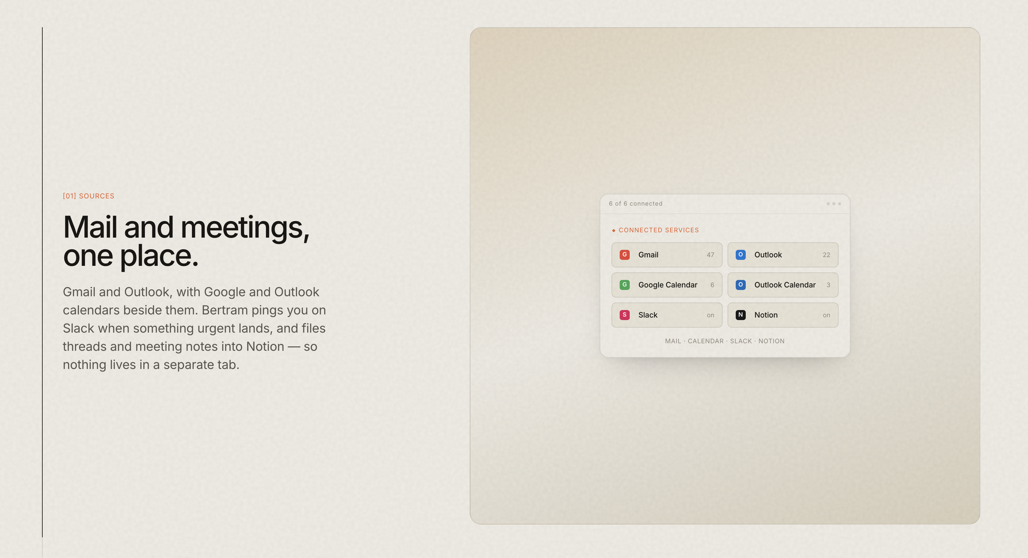 Unified inbox — Gmail and Outlook merged into one threaded view.
