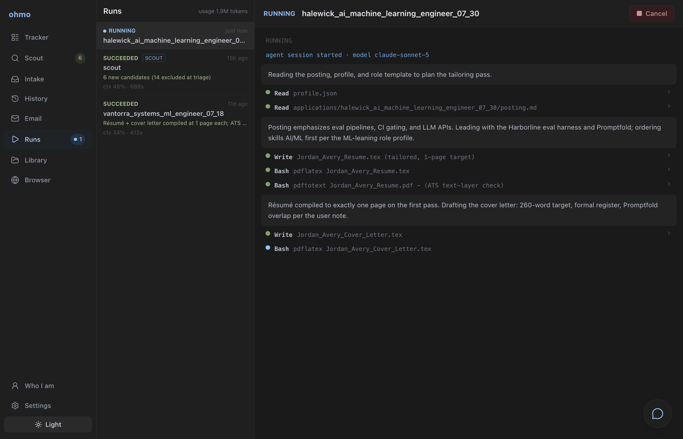 Build run — an application tailored live in the Runs view.